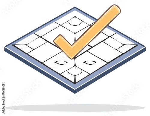 Checkmark on a floor plan, isometric projection, cartoon style