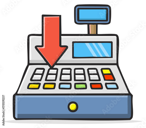 Cartoon cash register with big red arrow pointing down to the keypad, sale, prices decrease, discount or markdown concept