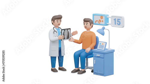 Doctor shows xray results to patient in examination room, explaining diagnosis with medical expertise and care, creating a sense of trust and reassurance.