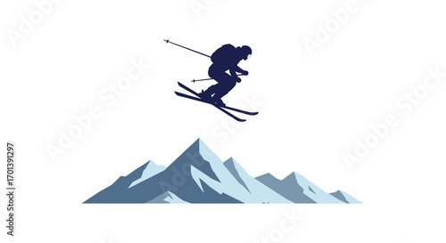 a skier leaps high above jagged mountain peaks
