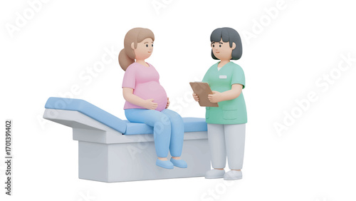 Pregnant woman consults with nurse in doctor's office about prenatal care and health, depicting a caring and supportive healthcare environment.