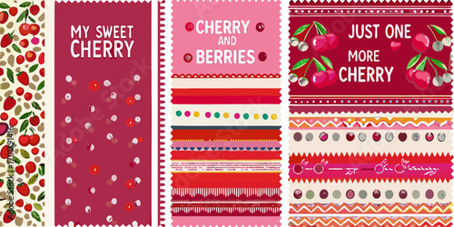 Collection of cheerful cherry and berry themed patterns and designs with text