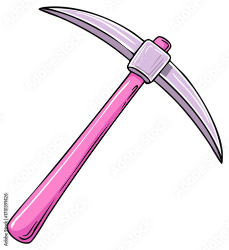Pink pickaxe cartoon illustration, isolated on white background