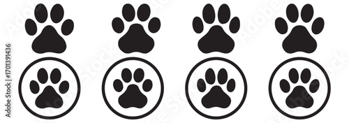 Paw print icon. Pet animal health care insurance symbol. Dog or cat footprint mark vector. Kitty paw with heart sign. Pet love logo. Dog paw print heart shape outline icon logo pictogram