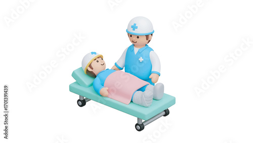 Toy doctor tending to patient lying on gurney in hospital room, showcasing healthcare and compassion in a miniature world.