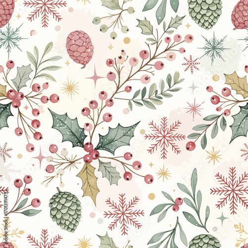 Festive watercolor illustration of Christmas holly berries, pine cones, and snowflakes on a cream background, seamless pattern, Stock royalty.