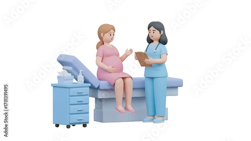 Pregnant woman consults with doctor in examination room about health and wellness during prenatal care visit, showcasing medical expertise and patient support.