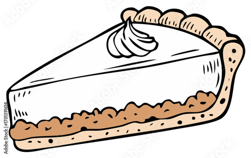 Delicious hand drawn illustration of a creamy dessert pie slice with a swirl of whipped topping