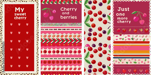 Sweet cherry and berry themed collage with decorative patterns and phrases