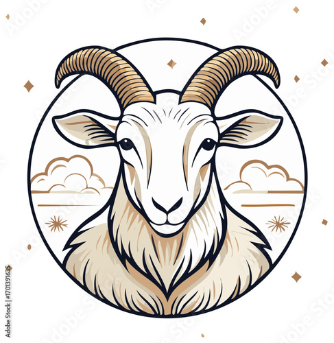 Elegant goat illustration, white fur, spiraled horns, fluffy chest, sky scape, star shapes, mystic circle, zodiac sign