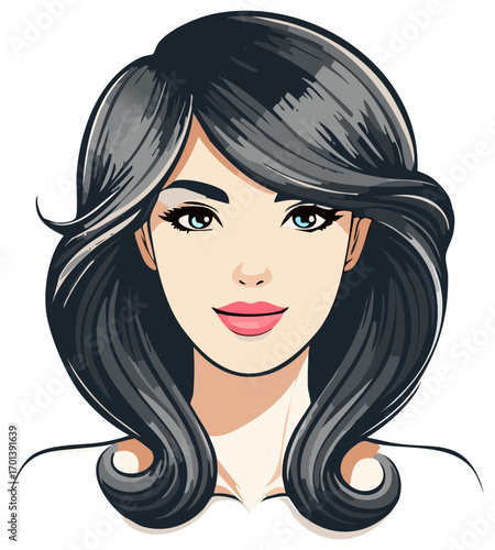 Cartoon Portrait of a Beautiful Woman with Long Flowing Dark Hair