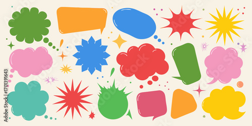 Collection of colorful speech bubbles and starburst shapes for communication and design