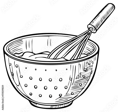Hand drawn sketch of a whisk in a mixing bowl with batter prepared for baking