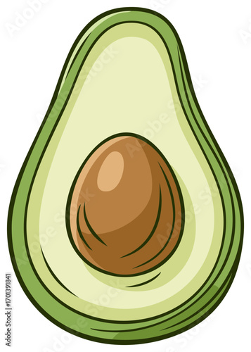 Single fresh ripe green avocado fruit cut in half with brown pit healthy food cartoon illustration