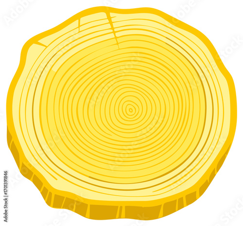 Cartoon cross section of a tree trunk showing growth rings. Yellow wood grain.