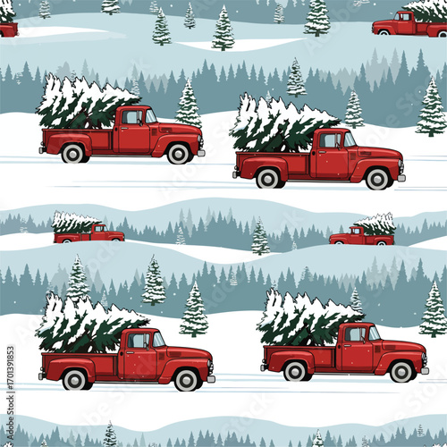 Festive red trucks carrying Christmas trees through a snowy winter landscape illustration., seamless pattern, Stock royalty free image.