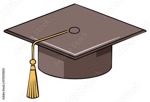 Cartoon illustration of a brown academic graduation cap with a gold tassel