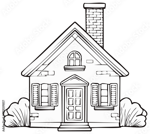 Charming brick house line art illustration with a brick chimney and shutters for coloring pages