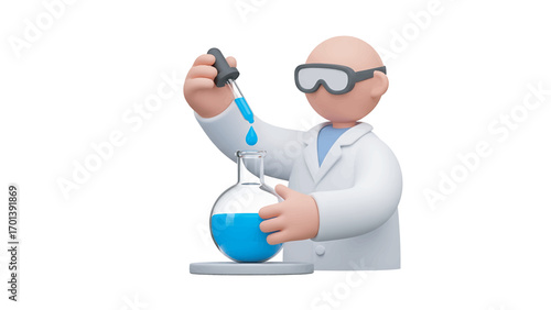 Scientist carefully adding blue liquid to flask in laboratory, conducting experiment with precision and focus, showcasing scientific research and discovery.