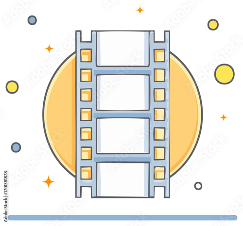 Cartoon film strip with yellow circle, stars, and dots for movie production