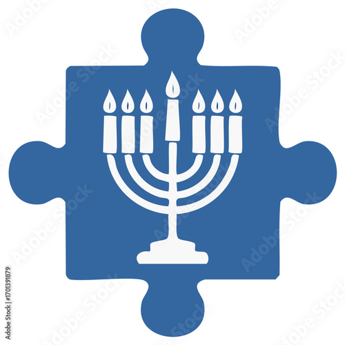 Lit Hanukkah menorah design on a blue puzzle piece representing Jewish tradition and connection