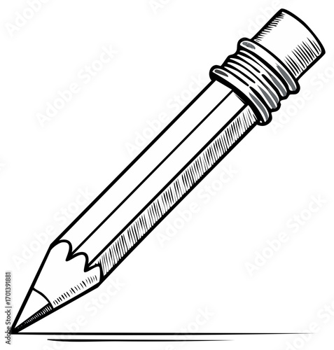 Hand drawn sketch of a wooden pencil with graphite tip and eraser drawing a line