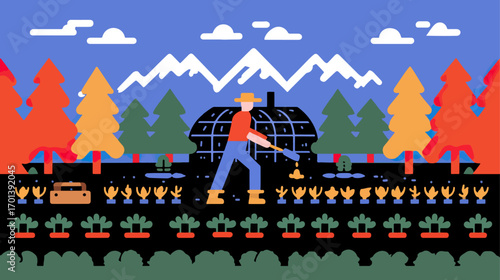 Gardener working in a greenhouse mountain view