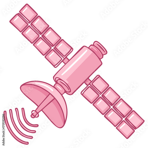 Pink cartoon satellite broadcasting signals with solar panels and parabolic dish