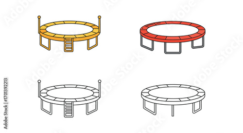 various trampoline designs shown in different colors and styles