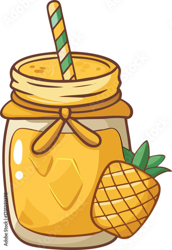 Cartoon mango pineapple smoothie in a wide mouth jar with straw and pineapple slice fruit drink