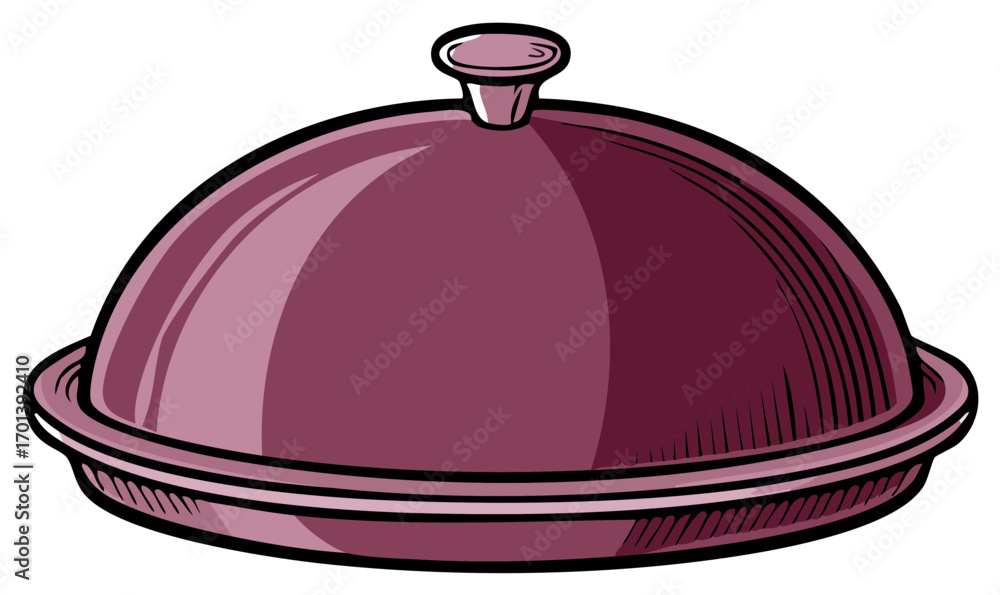 Closed maroon serving dish with knob on top and rimmed base