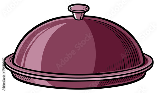 Closed maroon serving dish with knob on top and rimmed base
