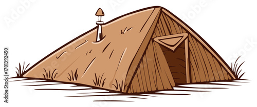 Hand drawn brown A frame tent or rustic shelter with a chimney and open entrance on ground