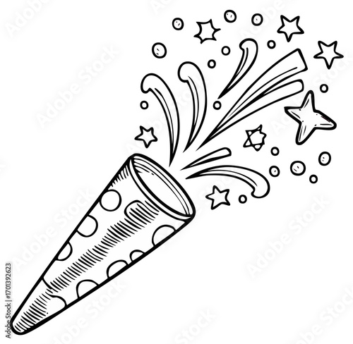 Hand drawn party popper with confetti and stars explodes with fun