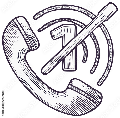 Icon of a telephone receiver with a number 1, signal waves, and a line through it.