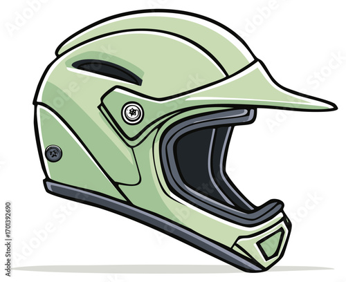 Green full-face helmet illustration, protective gear for extreme sports and cycling activities.