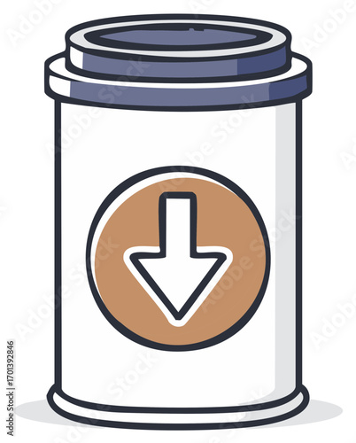 Outline cartoon waste bin with downward arrow icon for disposal or download