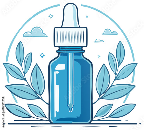 Blue Skincare Serum Bottle with Plant Leaves and Clouds Cartoon Illustration