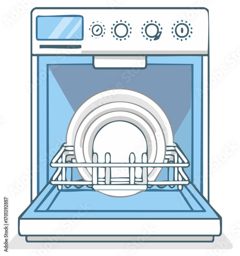 Dishwasher with Clean Dishes Ready for Washing, Kitchen Appliance Illustration