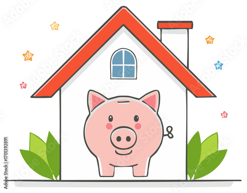 Cute piggy bank inside a simple house illustration with stars and green leaves