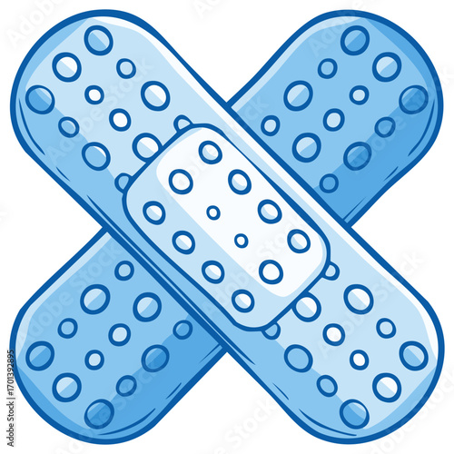 Illustration of two blue cartoon bandages in a crossed pattern for wound care and protection, treatment remedy