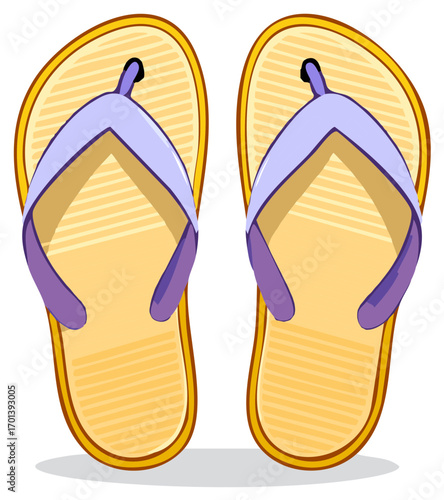 Pair of vibrant yellow and purple flip-flops for summer, beach, and casual wear illustration