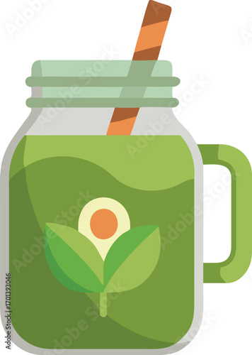 Green matcha latte in a mason jar with straw and leaf design matcha green tea latte drink