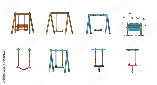 various playground equipment including swings slides and treehouse structures