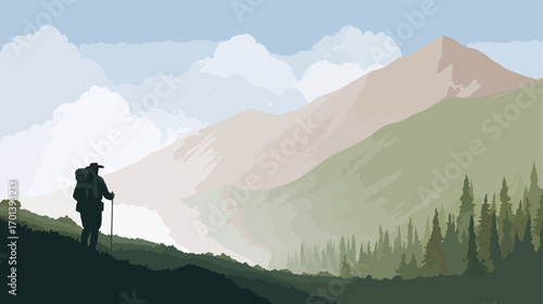 Hiker in mountains landscape