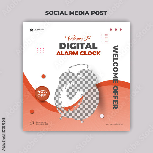 Digital alarm clock social media and instagram post design template