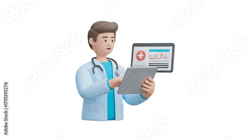 Doctor analyzes patient data on tablet in modern hospital, ensuring accurate diagnosis and personalized treatment plans with a caring and professional approach.
