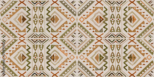 Seamless geometric pattern in earthy tones with tribal inspired diamond shapes and zigzags