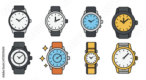 various colorful wristwatches displayed in neat rows