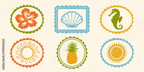 Collection of six colorful tropical and beach themed icons including a hibiscus flower seashell seahorse pineapple sun and abstract sunburst